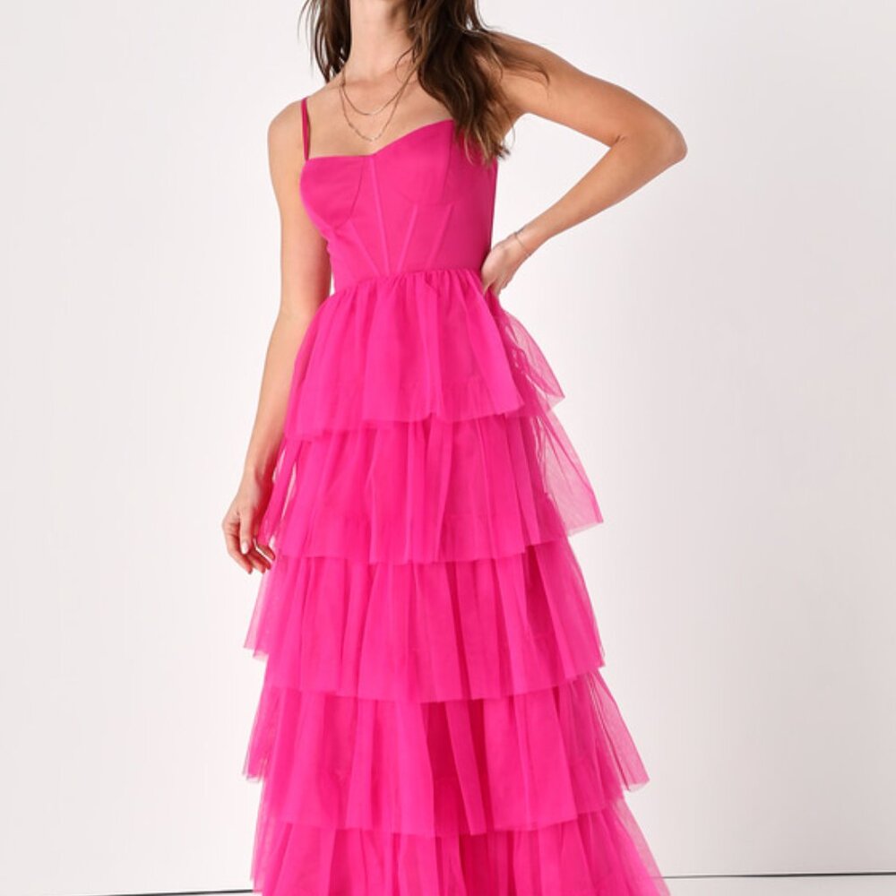Lulus Rule The Runway Hot Pink Tulle Bustier Tiered Maxi Dress - Size M